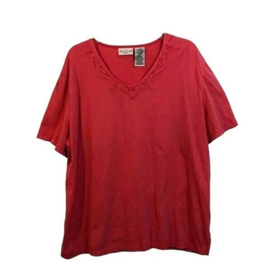 White Stag Woman‎ Red Short Sleeve Embellished V Neck Plus Size Top